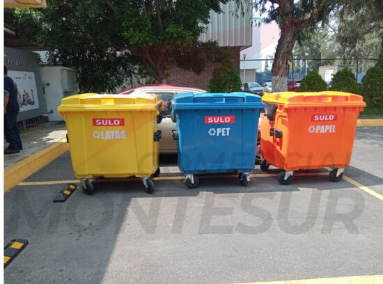 Contenedor de basura con 4 ruedas y tapa marca SULO color Amarillo Azul y Naranja