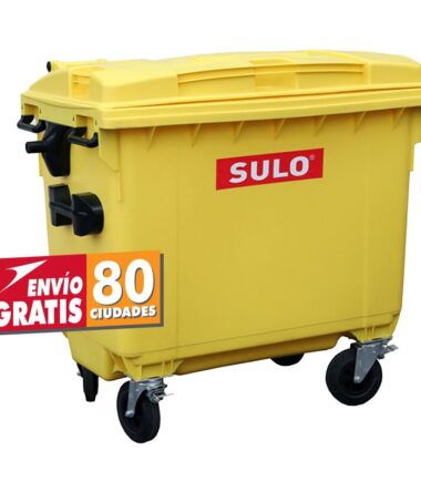Contenedor de basura con 4 ruedas y tapa marca SULO color Amarillo