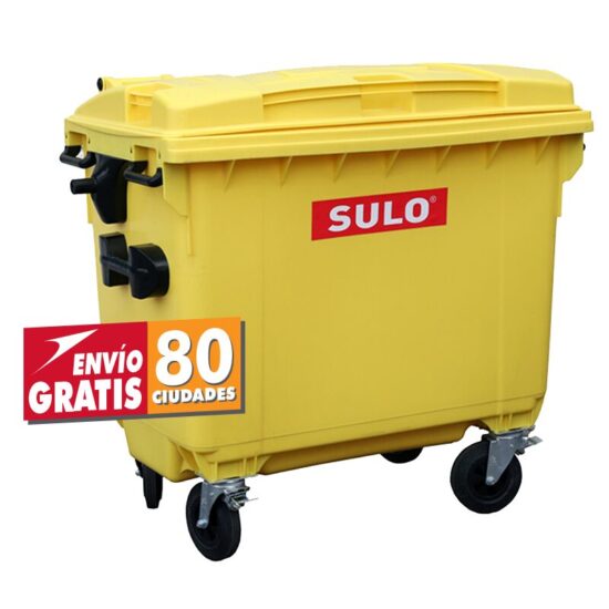 Contenedor de basura con 4 ruedas y tapa marca SULO color Amarillo