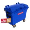 contenedor de basura con 4 ruedas y tapa marca SULO color azul