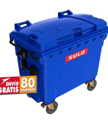 contenedor de basura con 4 ruedas y tapa marca SULO color azul