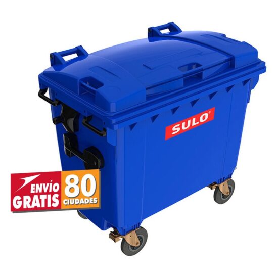 contenedor de basura con 4 ruedas y tapa marca SULO color azul