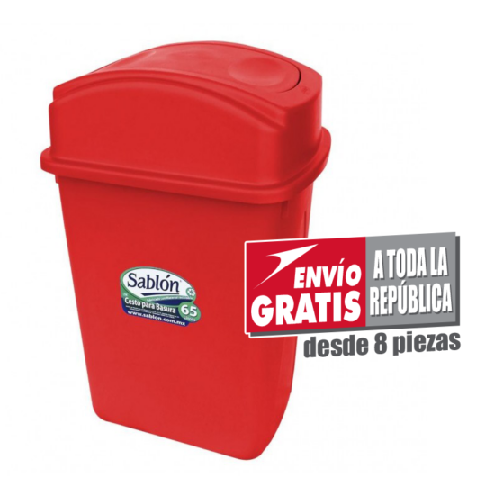 Bote de Basura 65L Sablón Rojo con Tapa Balancín Lateral
