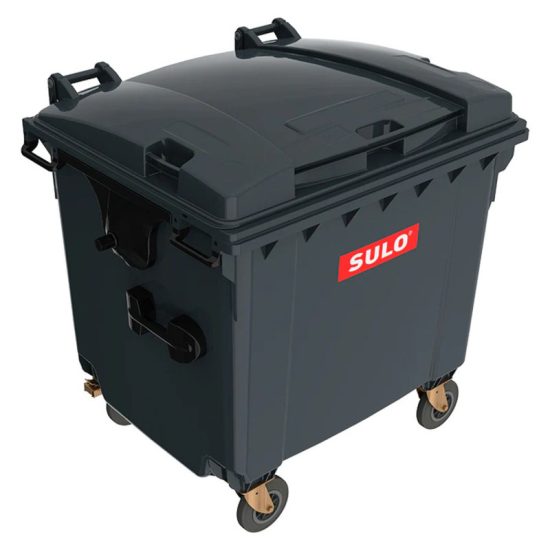 contenedor de basura con 4 ruedas y tapa marca SULO color Negro