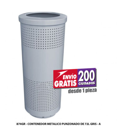 Bote de basura metálico cilíndrico de 72 litros color gris con cubeta interior
