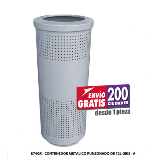 Bote de basura metálico cilíndrico de 72 litros color gris con cubeta interior