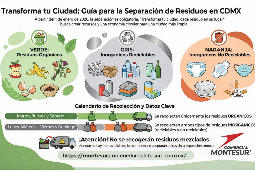Guía de separación de residuos en CDMX 2026: orgánicos verde, reciclables gris y no reciclables naranja, con calendario de recolección