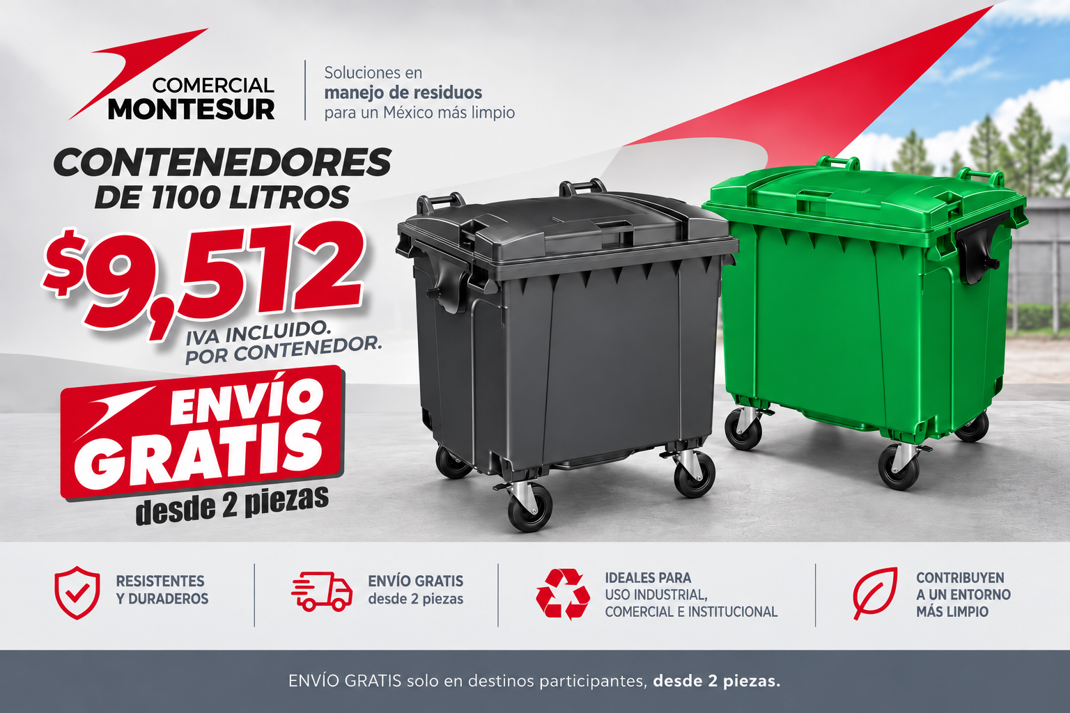 Oferta de contenedores de basura de 1100 litros con envio incluido por contenedor. Envío gratis desde 2 piezas en destinos participantes.